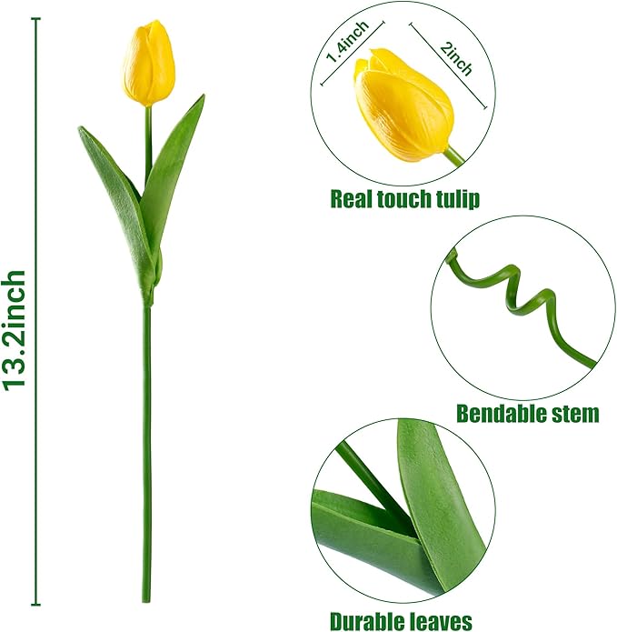 15 Pcs Fake Tulips Artificial Flowers Real Touch PU Faux Flowers Tulip Stems for Wedding Spring Bouquet Floral Arrangement Home Party Office Decorations for Mother's Day (Dark Yellow)