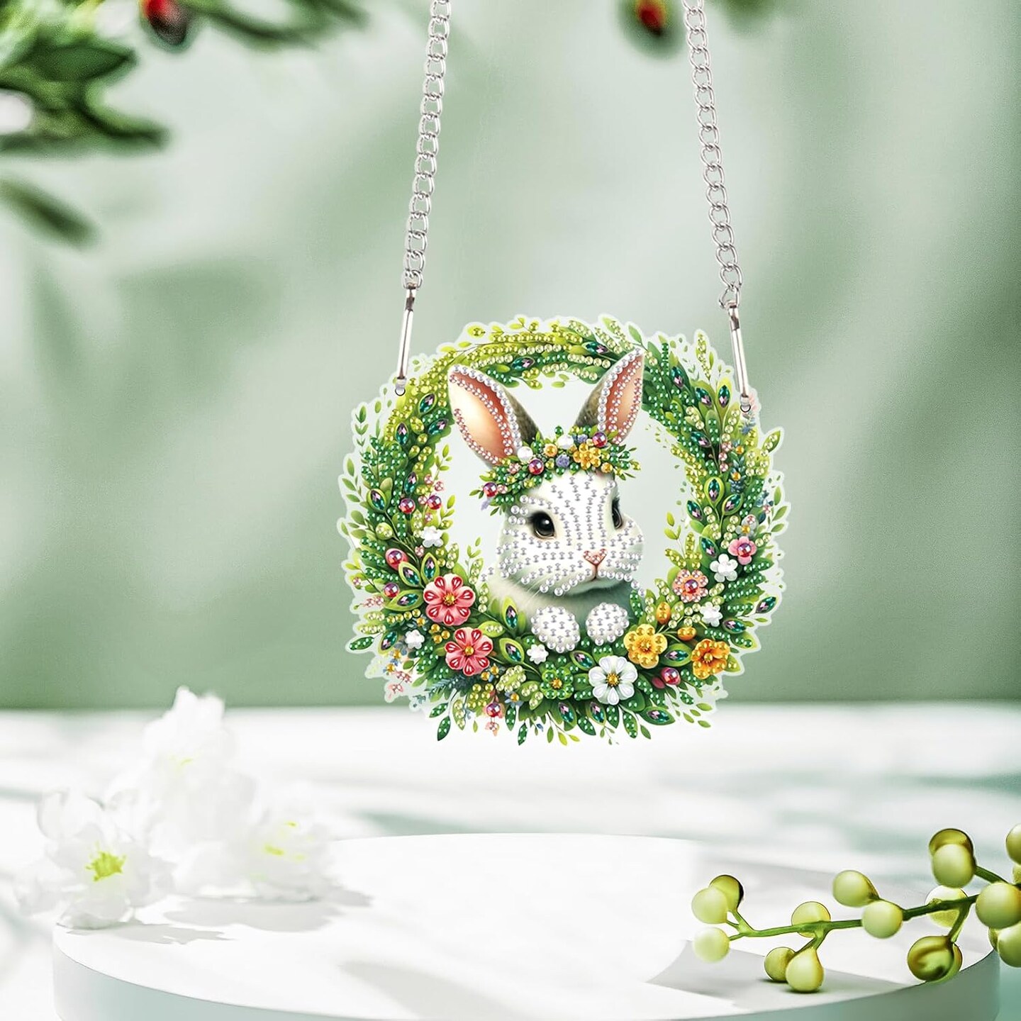 DIY 5D Diamond Painting Hanging Kit – Easter Bunny Wreath Pendant – Floral Diamond Mosaic for Wall, Window & Home Decor – Handmade Gift for Adults