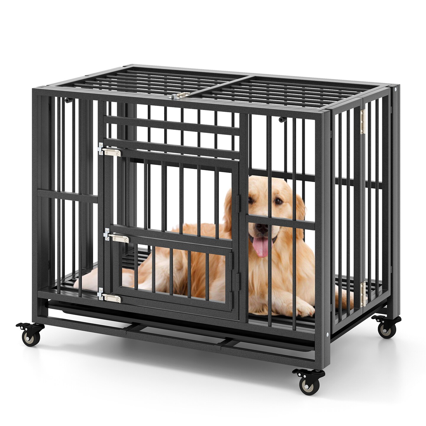 Metal Foldable Dog Crate, Chew-proof Design with Lockable Universal Wheels
