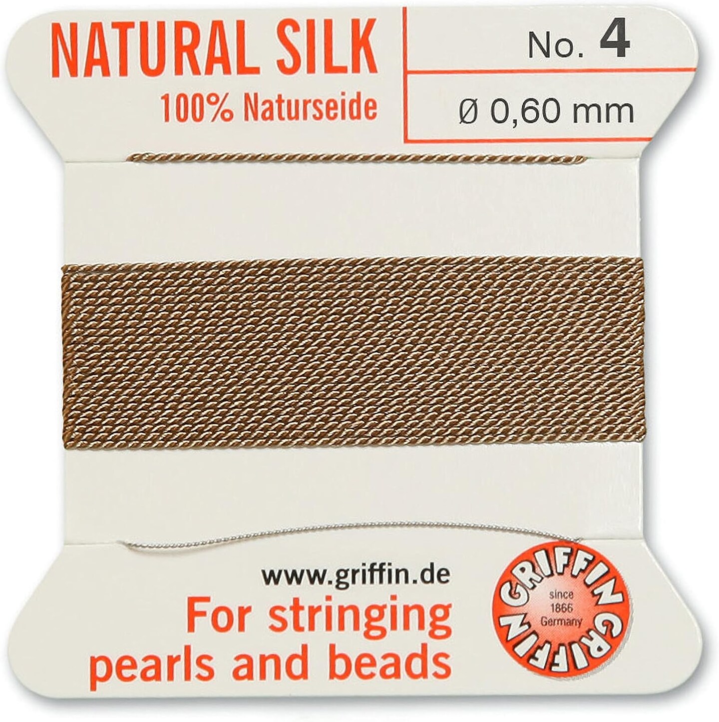 Griffin Silk Bead Cord Perlseide – Size 4 (0.60mm) – 2 Meters per Card – Stainless Steel Needle Attached – for Knotting Pearls, Gemstones, Crystals and Beads