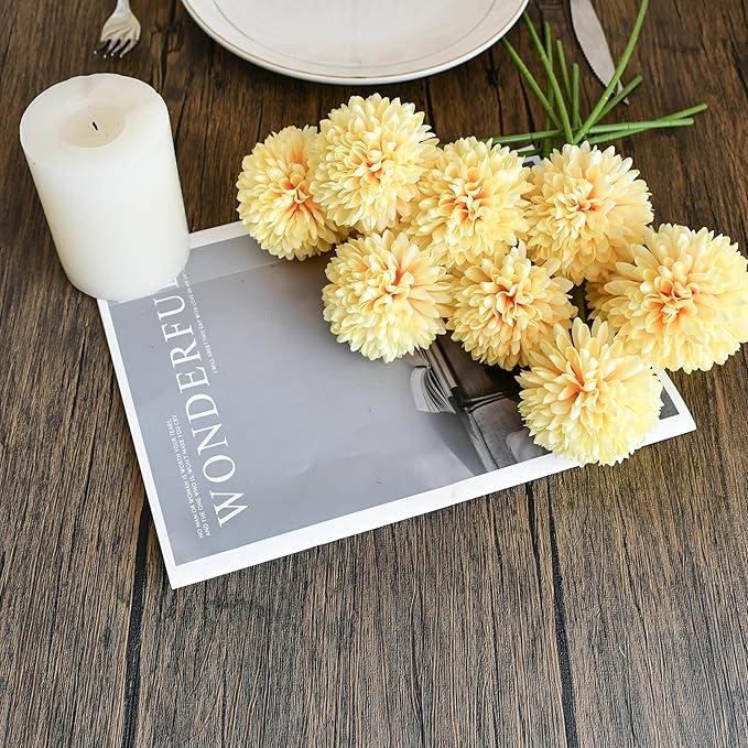 Yellow Artificial Ball Chrysanthemum 12 Stems Faux Flowers with Bendable Stems for Valentine's Day and Easter Decorations DIY Wedding Centerpiece Fall Decor Home Arrangements