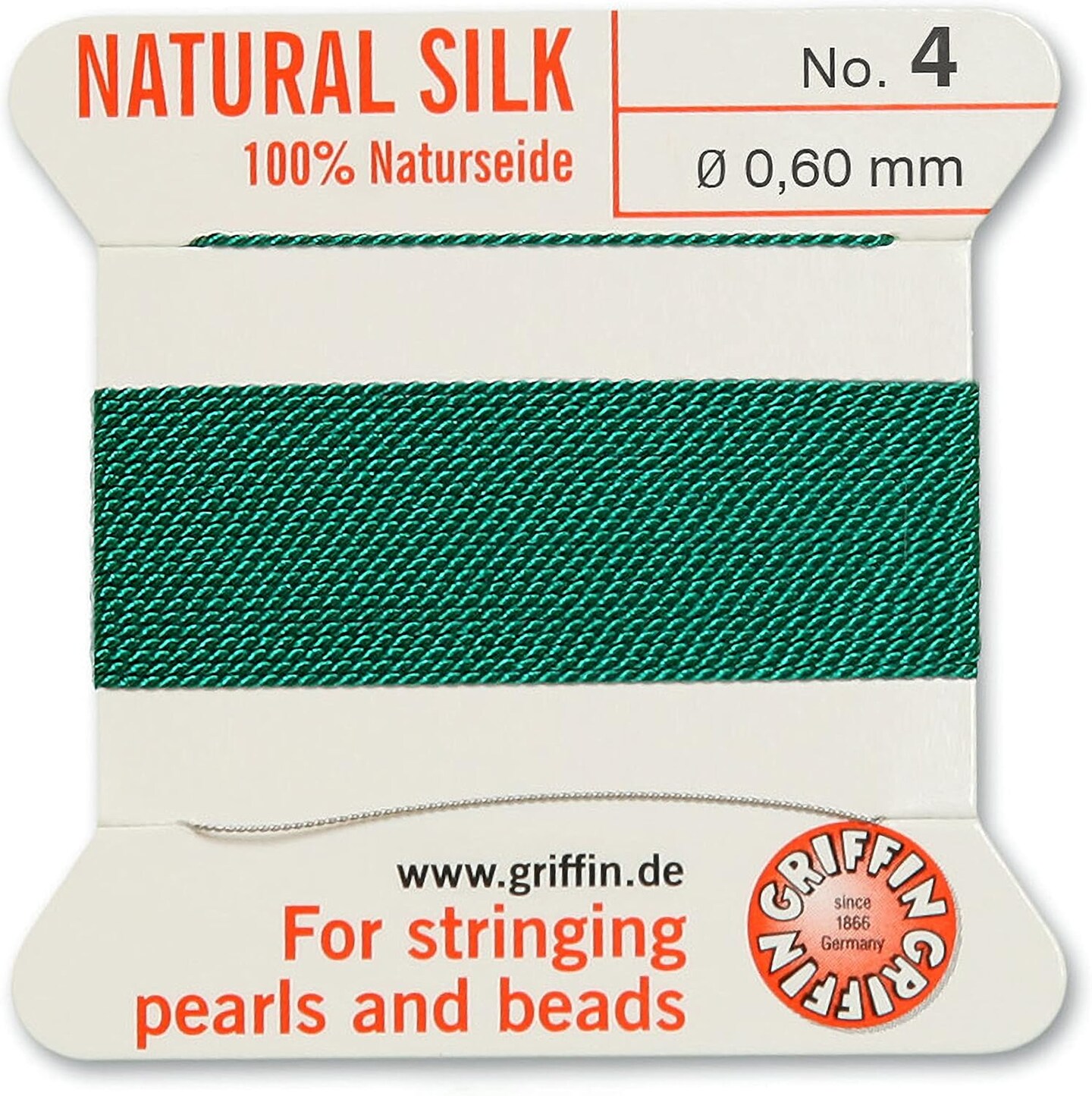 Griffin Silk Bead Cord Perlseide – Size 4 (0.60mm) – 2 Meters per Card – Stainless Steel Needle Attached – for Knotting Pearls, Gemstones, Crystals and Beads
