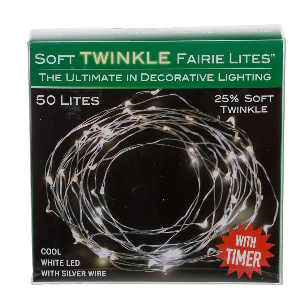50-Light Cool White Soft Twinkle Fairy LED Silver Wire Light Set