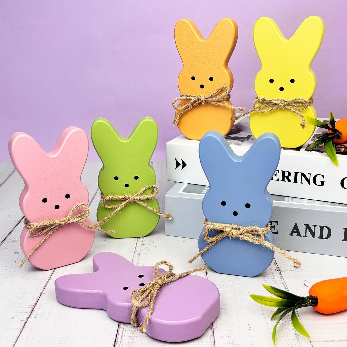 6-Piece Easter Bunny Wooden Decor Set – Spring Peeps Centerpiece Signs with Hemp Rope for Table, Tiered Tray, Office, Mantel, Bathroom & Easter Basket Stuffers