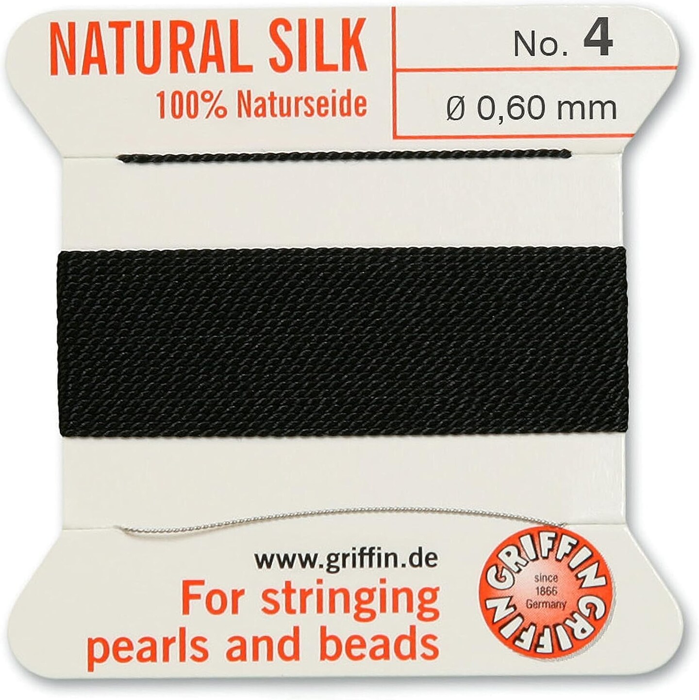 Griffin Silk Bead Cord Perlseide – Size 4 (0.60mm) – 2 Meters per Card – Stainless Steel Needle Attached – for Knotting Pearls, Gemstones, Crystals and Beads