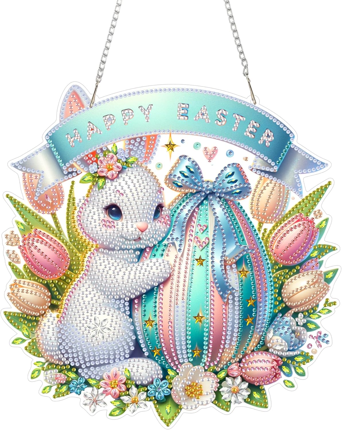 Hanging Diamond Art Kit for Adults – DIY Acrylic Diamond Painting Pendant – Easter Rabbit Diamond Art Board with Chain for Home Decor