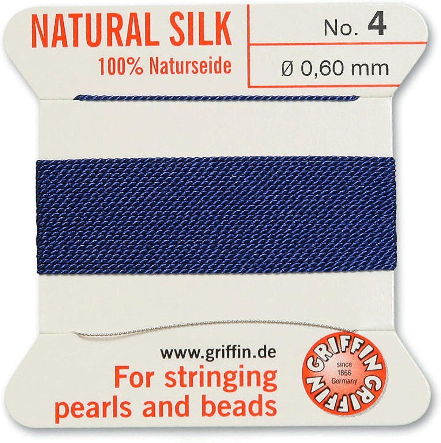 Griffin Silk Bead Cord Perlseide – Size 4 (0.60mm) – 2 Meters per Card – Stainless Steel Needle Attached – for Knotting Pearls, Gemstones, Crystals and Beads