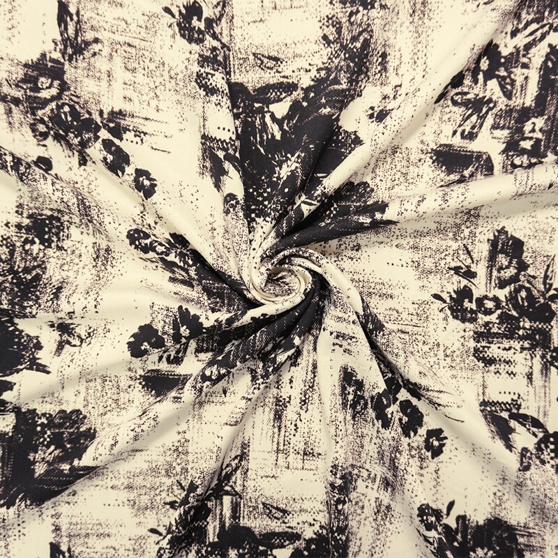 Ivory-Black-Brown Rayon Abstact Floral Printed Twill Woven Fabric By the Yard