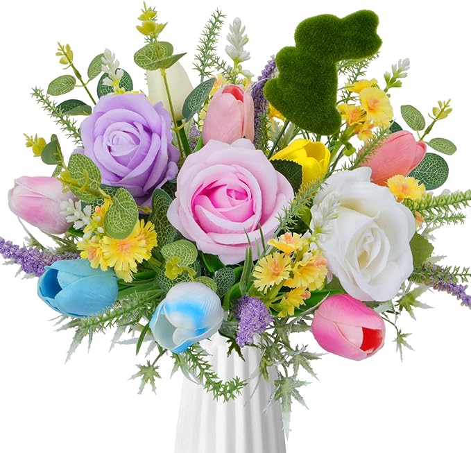 Artificial Flowers for Decorations Fake PU Tulips and Roses Colorful Flowers Faux Flowers Arrangements for Home Summer Wedding Table Centerpieces Vase Decor (13.38"")