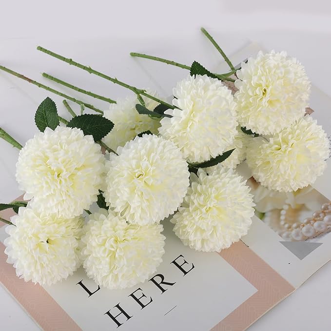 12 Pcs Artificial Chrysanthemums Flowers Ball Flower, Fake Mums Flowers White Silk Flowers for Spring Home Decor Indoor Floral Arrangement Table Centerpiece (12, White)