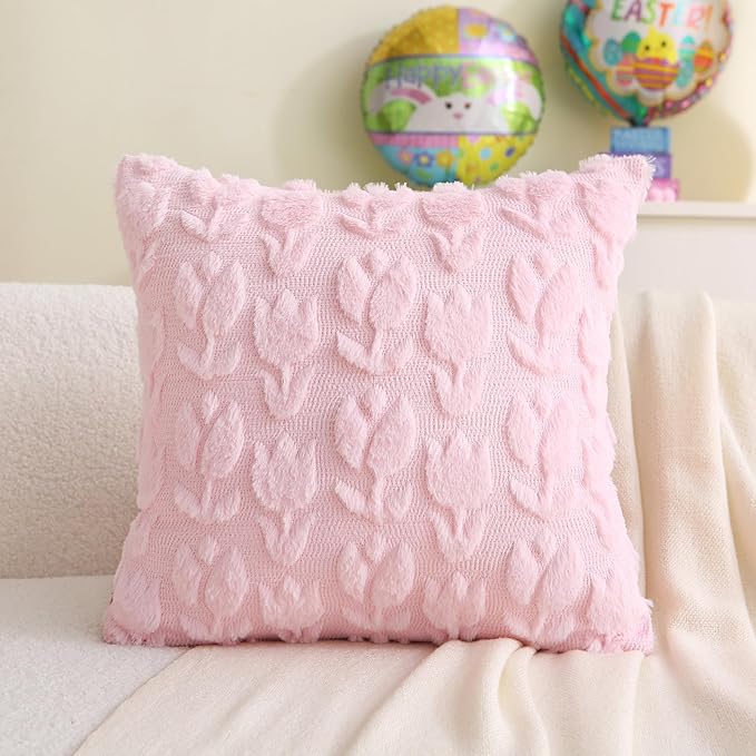 Spring Pillow Covers, 18 x 18 Inch Set of 2 Pink Tulip Flower Soft Plush Faux Fur Throw Pillow Cases for Chair Sofa Bedroom Living Room Spring Home Decor