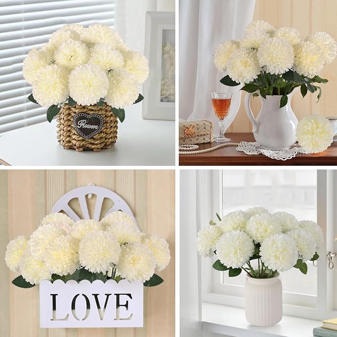 12 Pcs Artificial Chrysanthemums Flowers Ball Flower, Fake Mums Flowers White Silk Flowers for Spring Home Decor Indoor Floral Arrangement Table Centerpiece (12, White)
