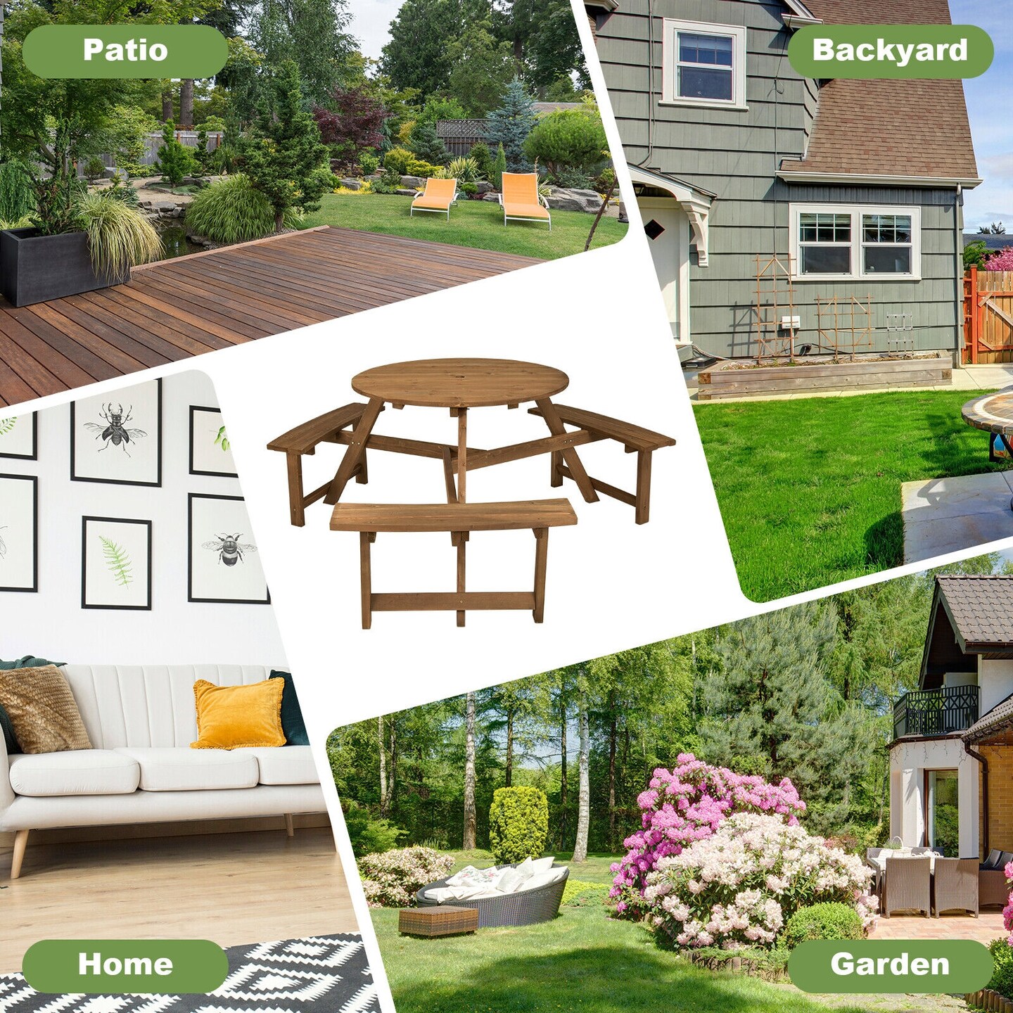 6-Person Wooden Round Picnic Table with Built-in Benches for Garden