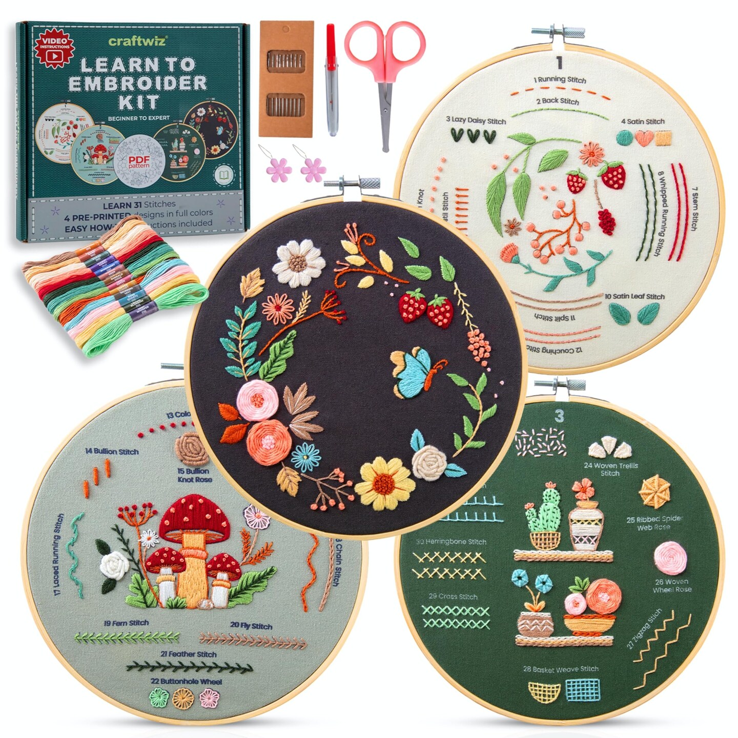Craftwiz 4-Piece Starter Embroidery Kit for Beginners with Simple Patterns, Learn to Embroider 31 Stitches with Hand Embroidery Kit