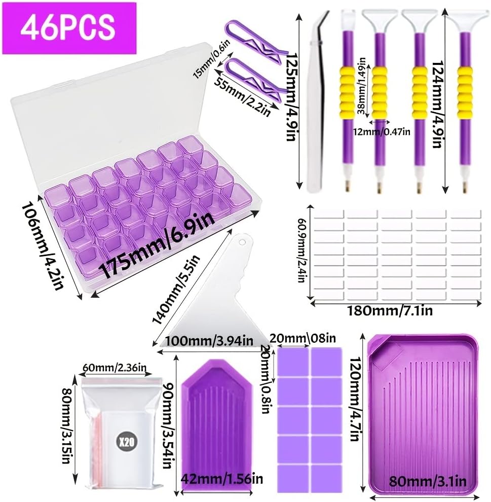 46-Piece Diamond Painting Tool & Accessory Kit – Multi-Size Pens, Tweezers, Glue, Correction Tools & 28-Grid Storage Box for Adults