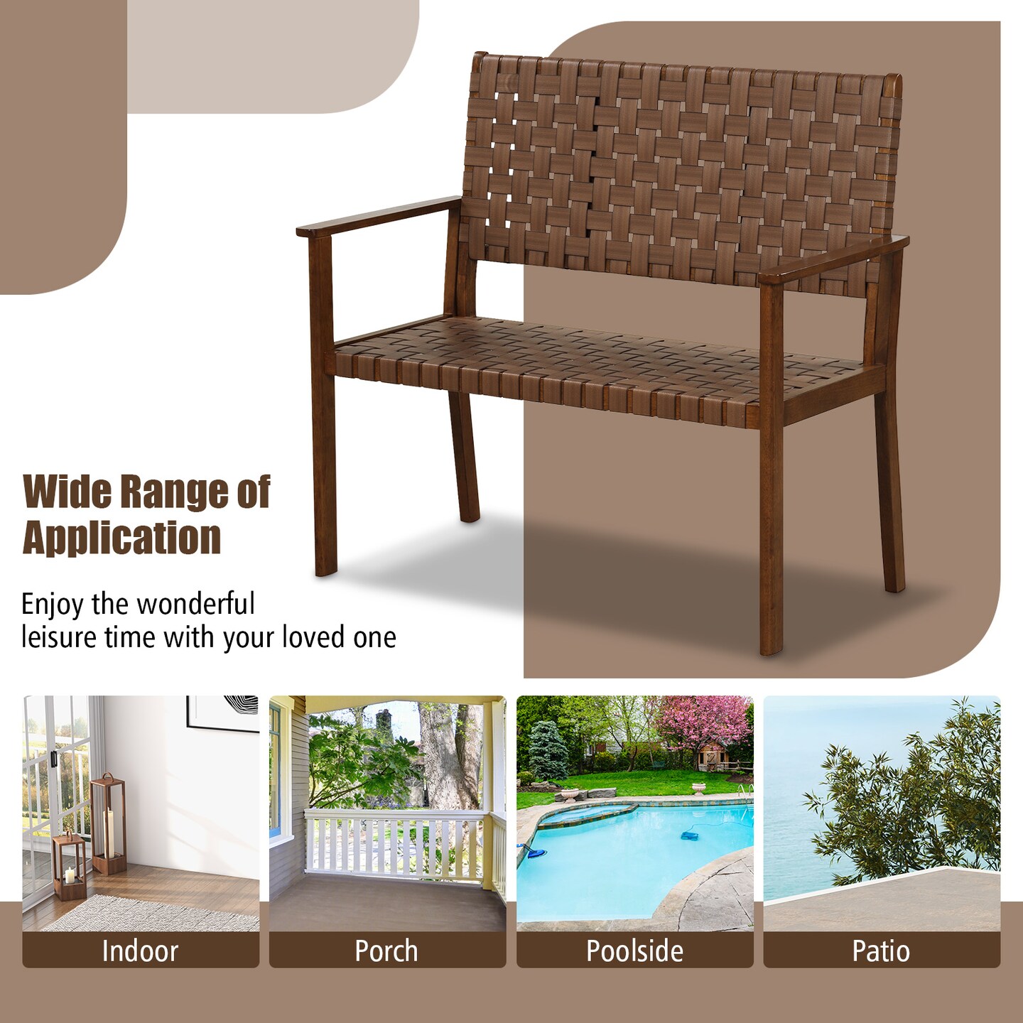 Solid Rubberwood Outdoor Bench with All-Weather PU Leather Seating