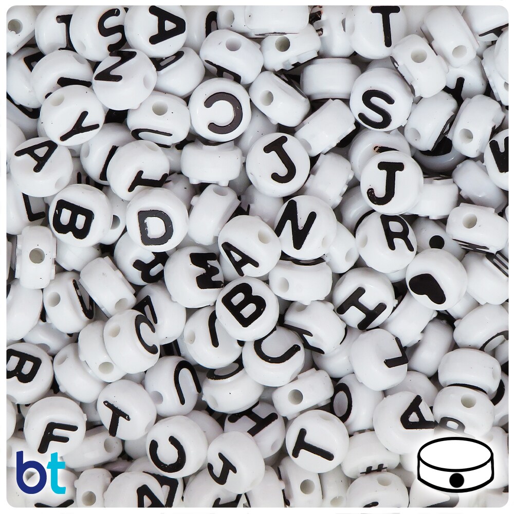 BeadTin White Opaque 10mm Coin Alpha Beads - Black Letter Mix (144pcs)