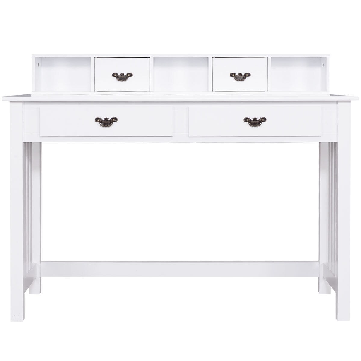 White MDF and Pine Computer Desk with Drawers and Removable Shelf