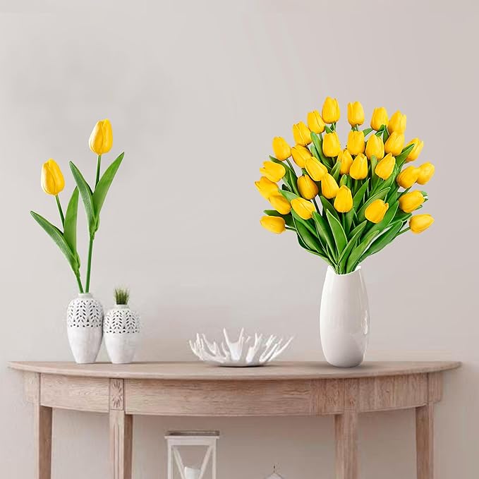 15 Pcs Fake Tulips Artificial Flowers Real Touch PU Faux Flowers Tulip Stems for Wedding Spring Bouquet Floral Arrangement Home Party Office Decorations for Mother's Day (Dark Yellow)
