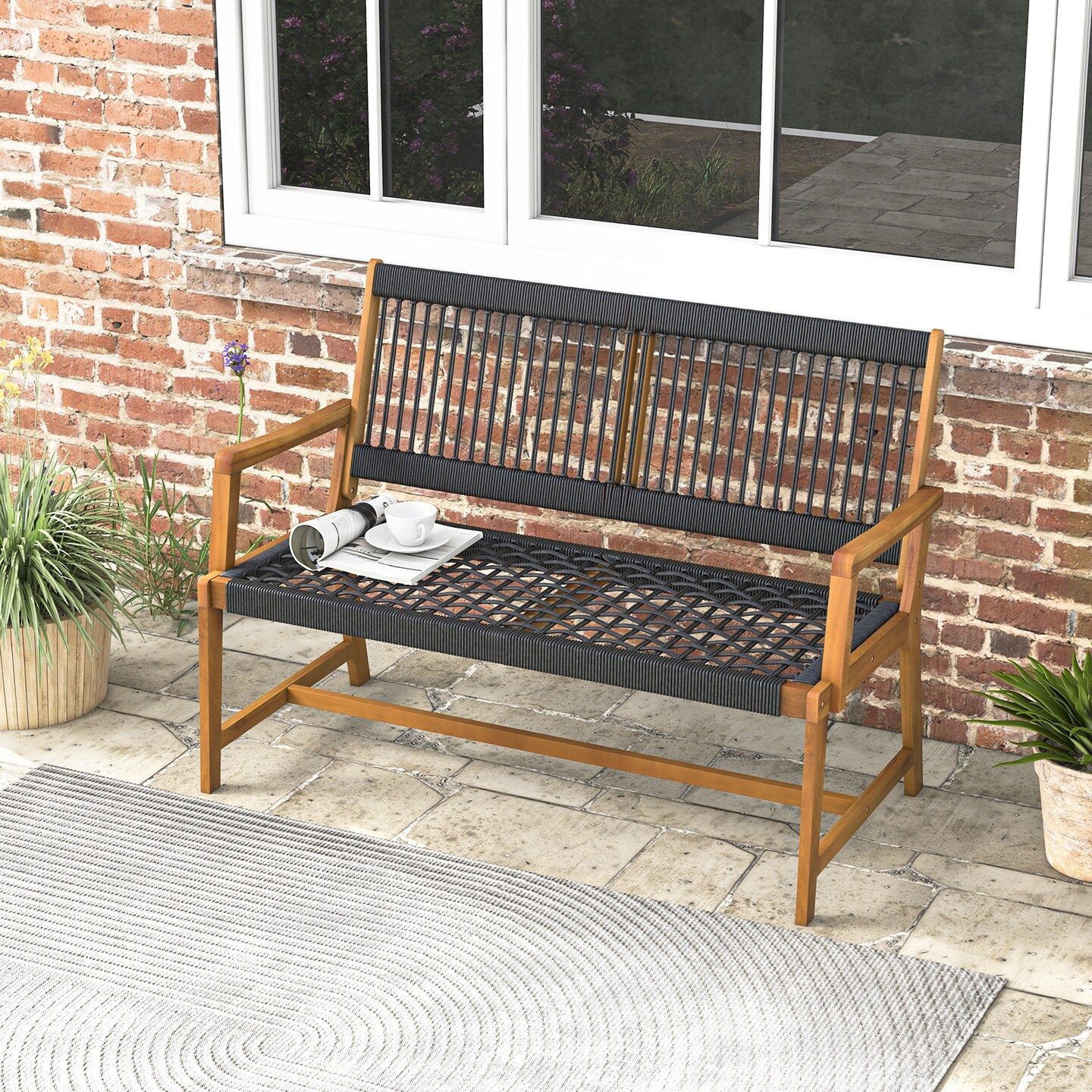 Acacia Wood Patio Bench with Rope Backrest and Armrests for Two