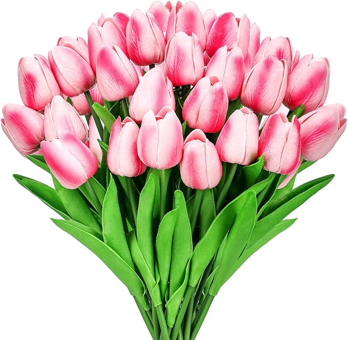 30 Pcs Tulips Artificial Bouquet Flowers Faux Tulips for Home Kitchen Wedding Decorations,Gift Idea for Easter Decor Mother's Day Birthdays(Rose Red)