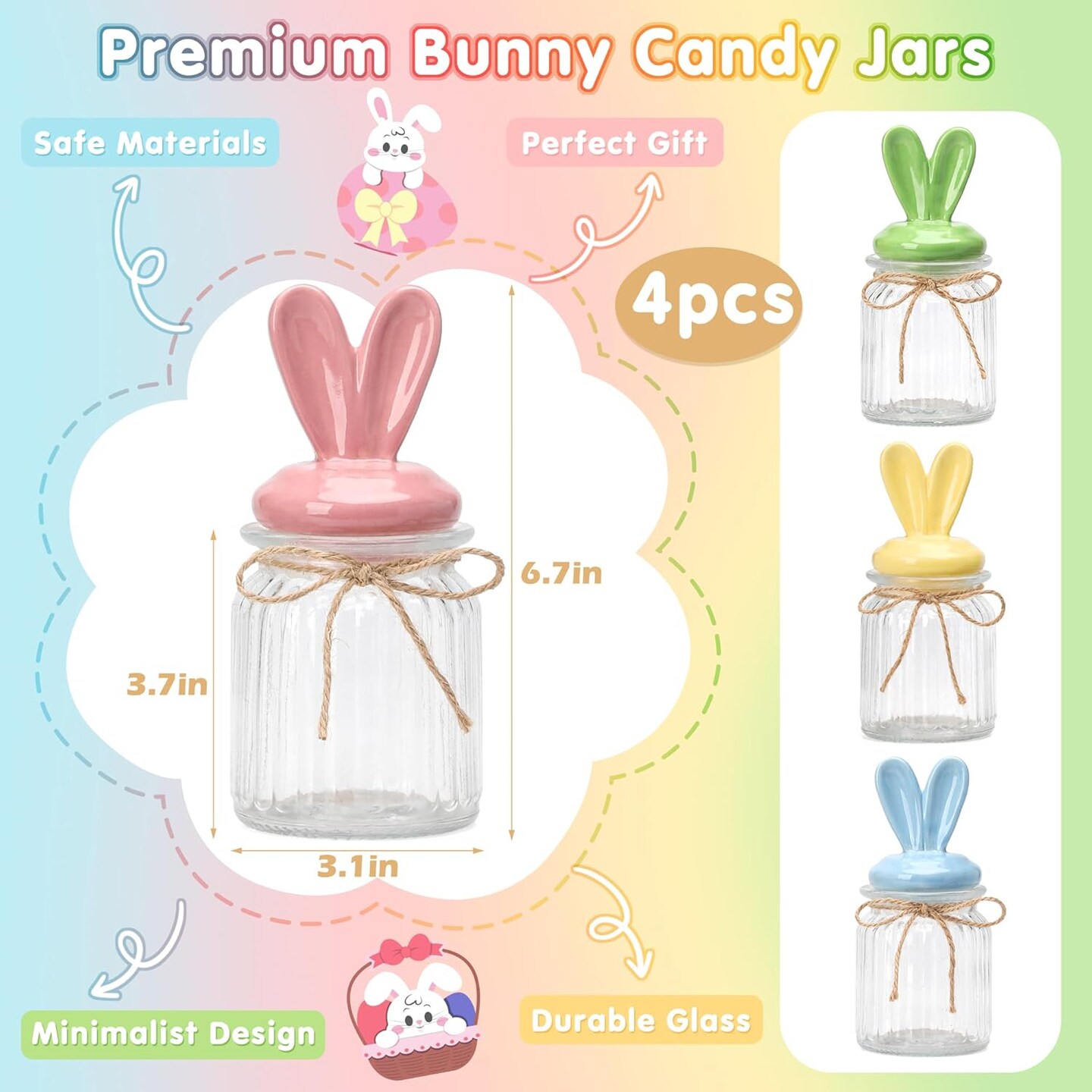 4-Piece Easter Bunny Candy Jar Set – Glass Candy Jars with Bunny-Shaped Ceramic Lids, Airtight Glass Containers for Chocolate, Mini Eggs & Easter Table Centerpiece Decorations (6.7 x 3.1 in)
