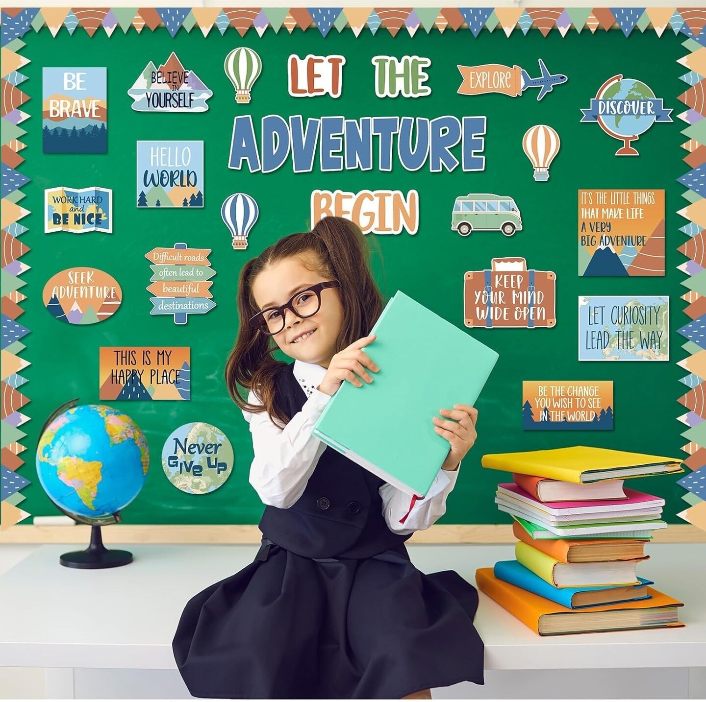 Let the Adventure Begin Bulletin Board Set - Travel Themed Motivational Classroom Decor - World Map & Globe Cutouts for Teachers, Back to School Adventure Wall Decor & Library Displays