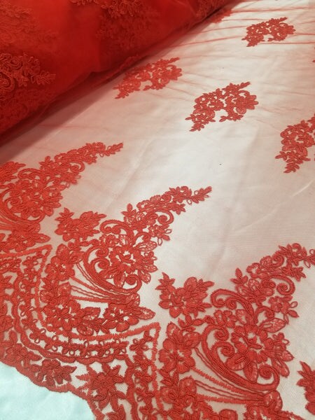 1 Yard Red French Floral Mesh Lace Fabric for Bridal Dresses and Decorations 50/54 Inch Width