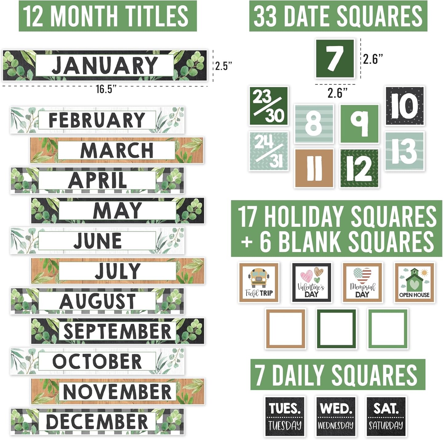 Classroom Calendar Set Bulletin Board Decor (Green, Brown, Black, White)