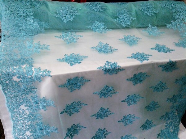 1 Yard Aqua French Floral Mesh Lace Fabric Corded Scallop Bridal Dress 54 Inches Wide
