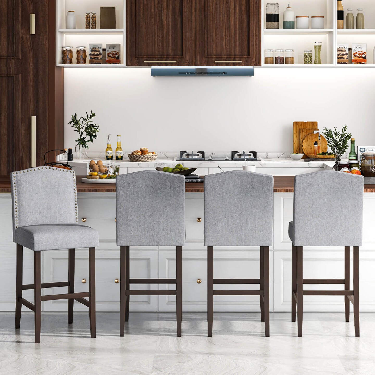 Costway Set of 2 Bar Stools 30&#x22; Upholstered Kitchen Breakfast Nailhead Bar Chairs Gray