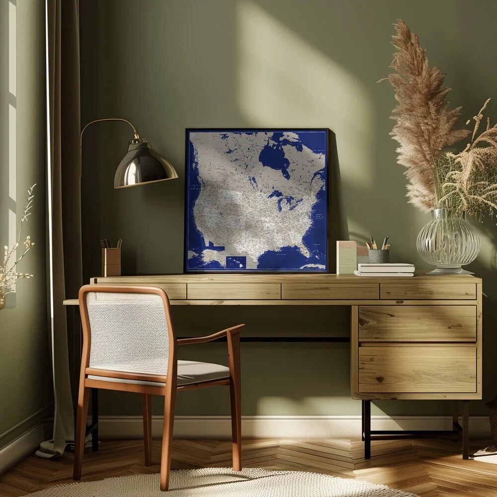 Highly detailed map of the United States, Kameryn Square 24x24 Canvas - Corporate Office Art