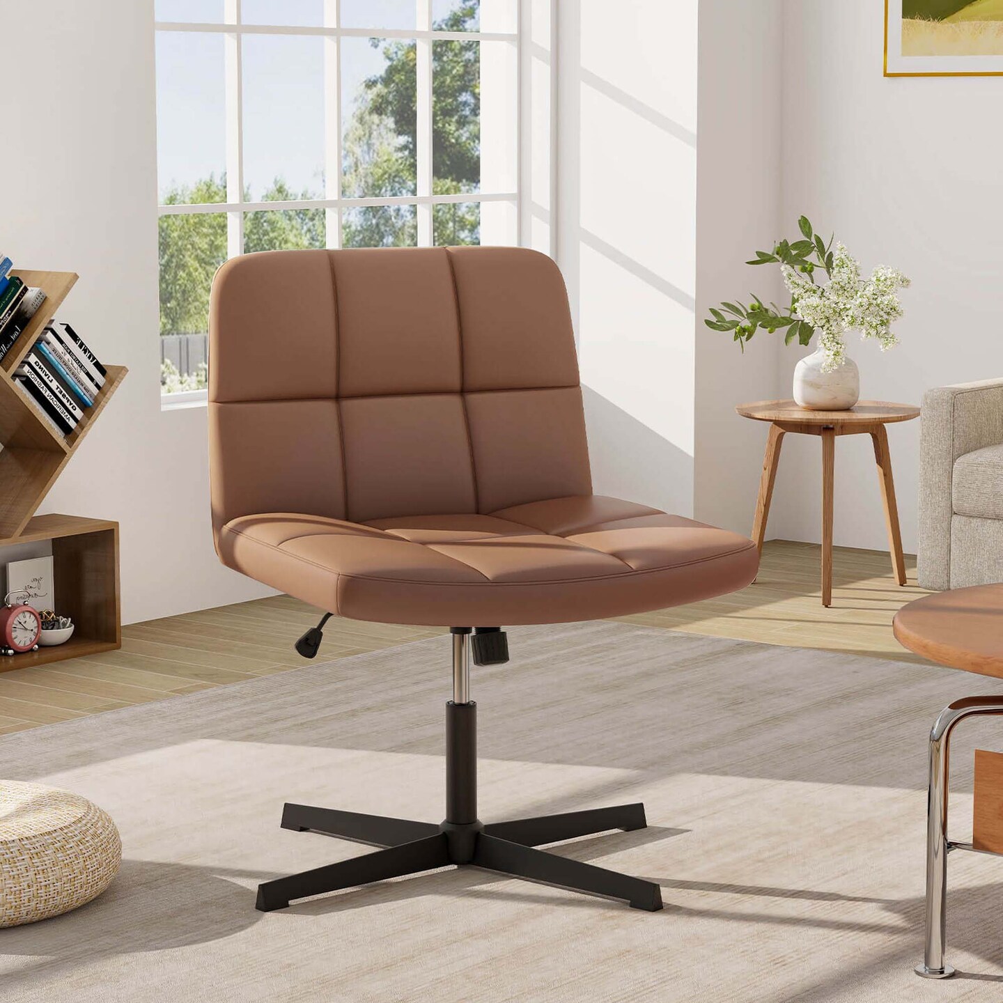 Costway Criss Cross Chair Cross-legged Office Chair with Oversized U-shaped Seat No Wheels Beige/Brown/Gray