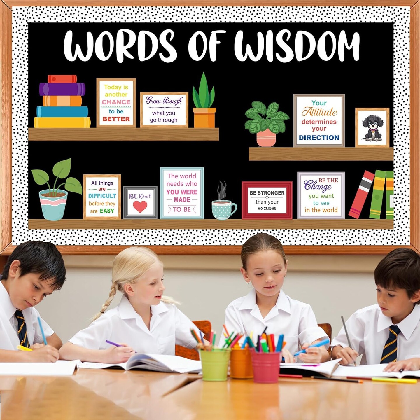 Motivational Bookshelf Bulletin Board Set - Words of Wisdom Classroom Decorations with Potted Plants & Inspirational Quotes - 34 Pcs Back to School Decor for Teachers, Library & Office Wall
