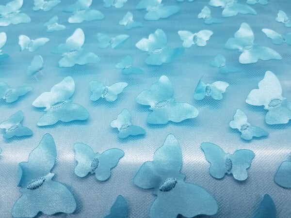 1 Yard 3D Butterfly Embroidered Aqua Mesh Lace Fabric for Dresses and Crafts