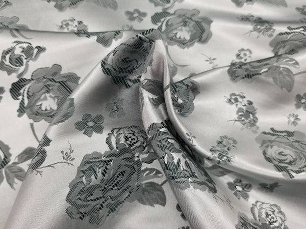1 Yard Charcoal &#x26; Silver Floral Satin Jacquard Brocade Fabric for Jackets Dresses Decor 60 Inch Width