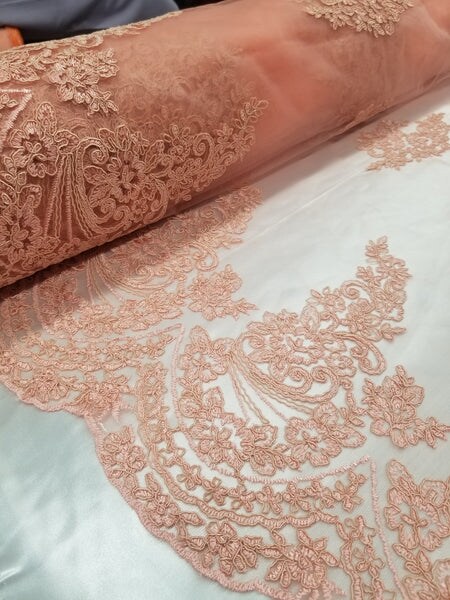 1 Yard Coral French Floral Mesh Lace Fabric for Bridal Dresses and Event Decor 50/54 Inch Width