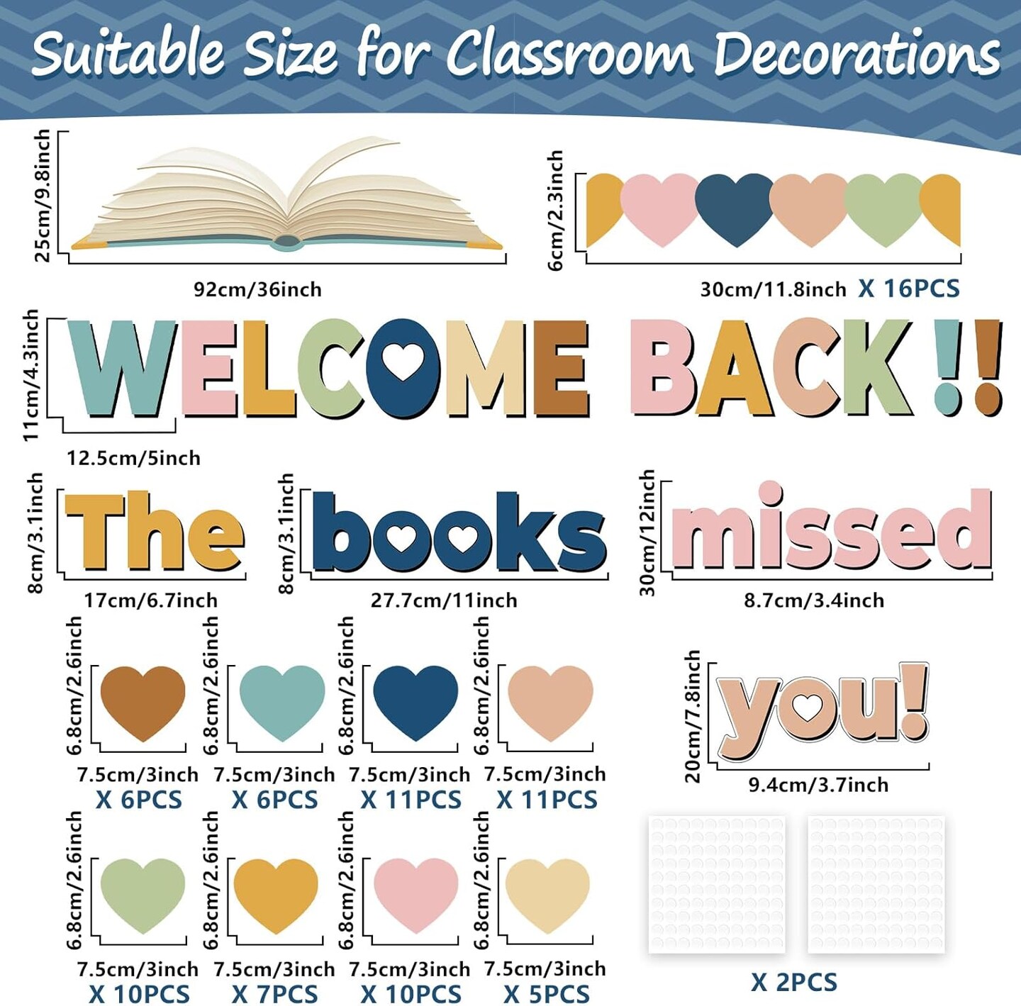 Boho Heart Bulletin Board Decorations Set (Pink, Blue, Green, Yellow, Orange)