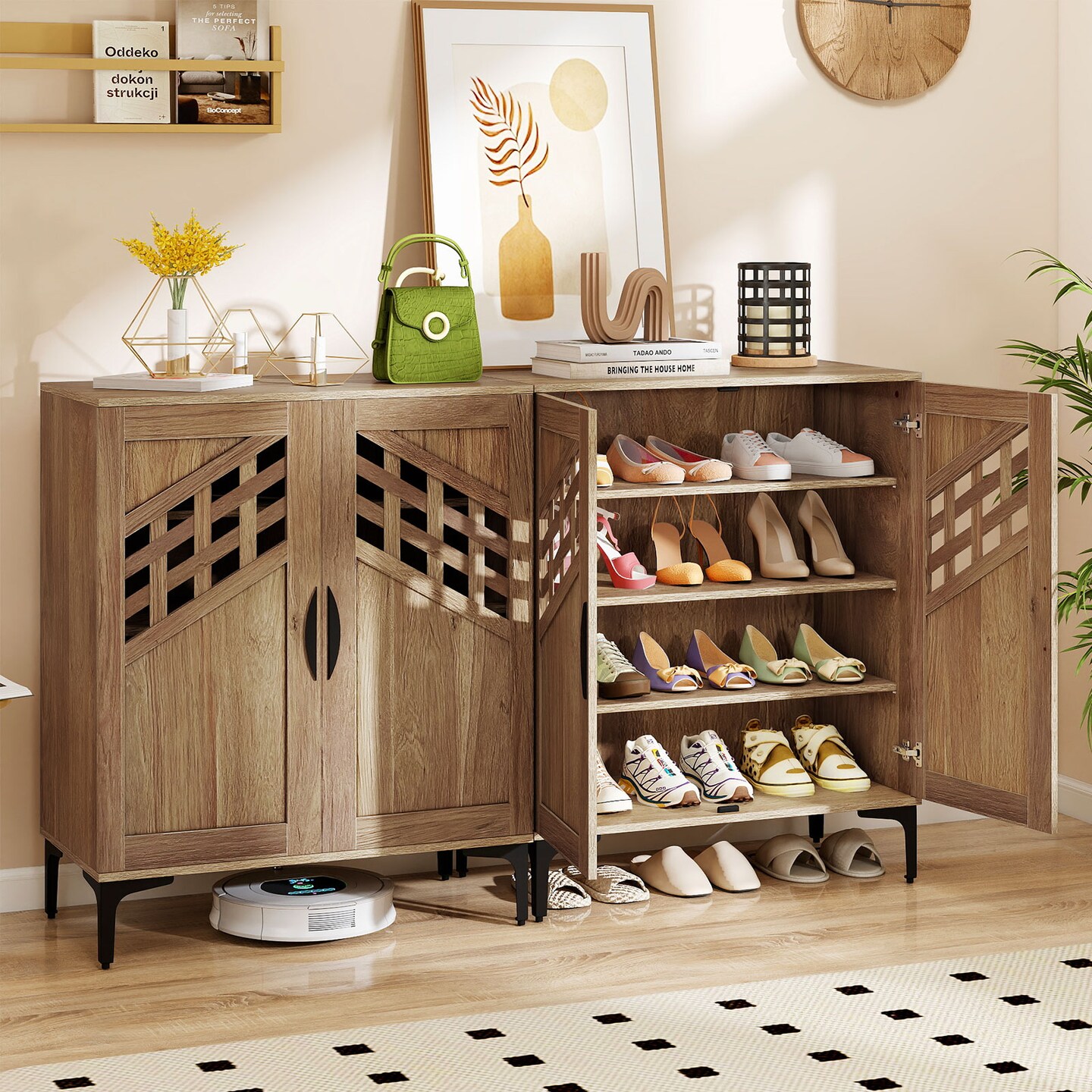 4-Tier Farmhouse Shoe Cabinet with Removable Shelves & Metal Legs