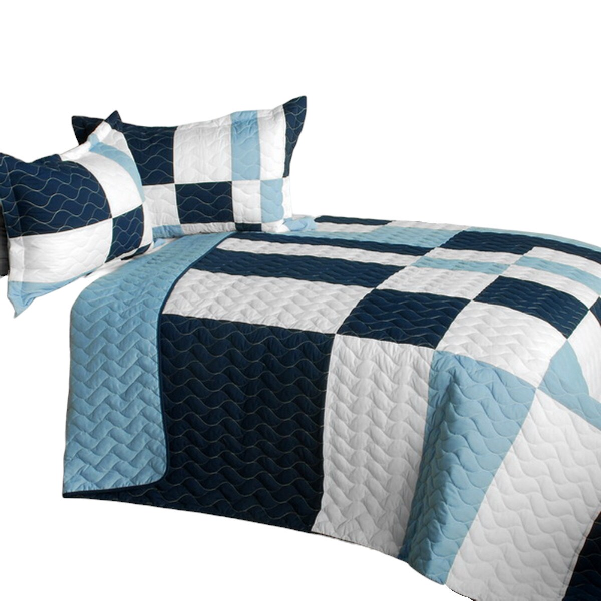 3-Piece Full/Queen Patchwork Quilt Set, Handmade Vermicelli Quilted Bedding