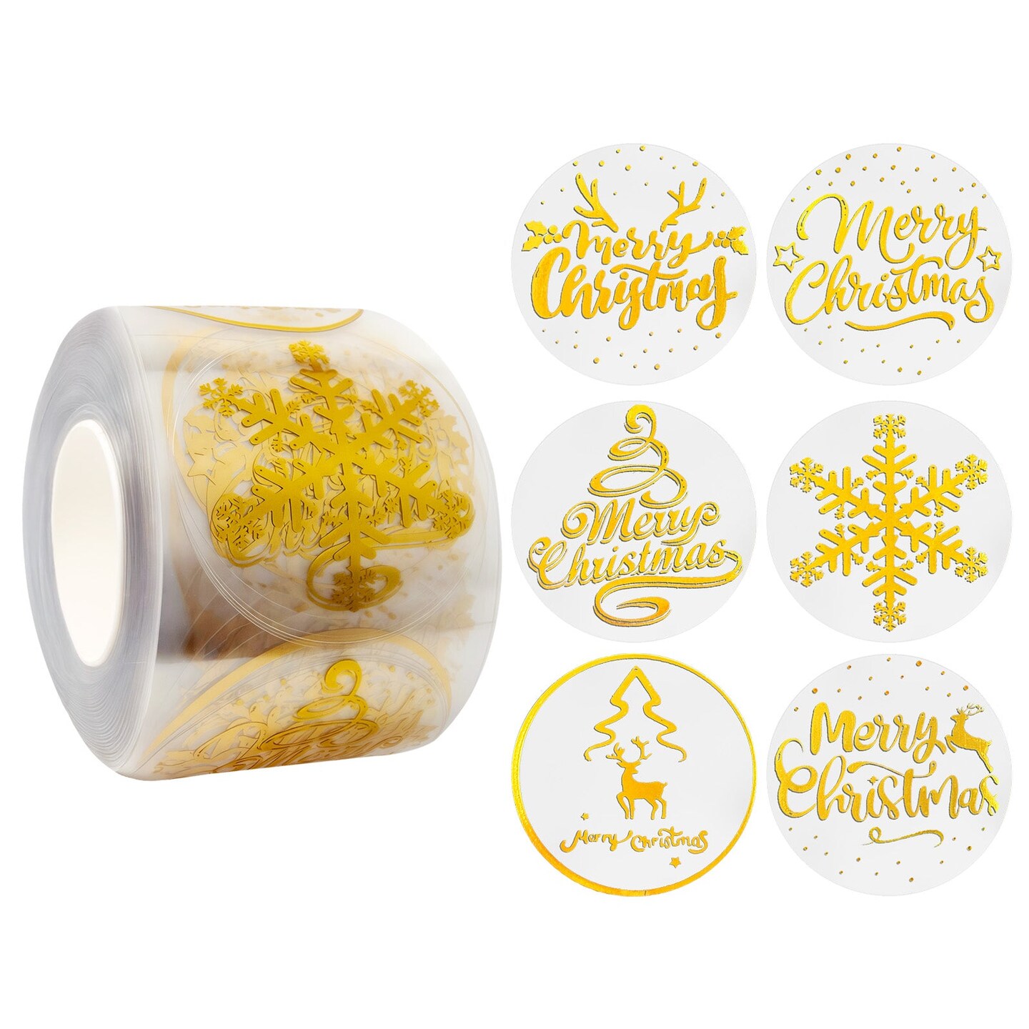 Wrapables 1.5 Inch Gold Foil Christmas Sticker Label Roll, Holiday Stickers for Sealing Cards, Envelopes, Gift Boxes, Festive Party Favors (500pcs), Festive Christmas