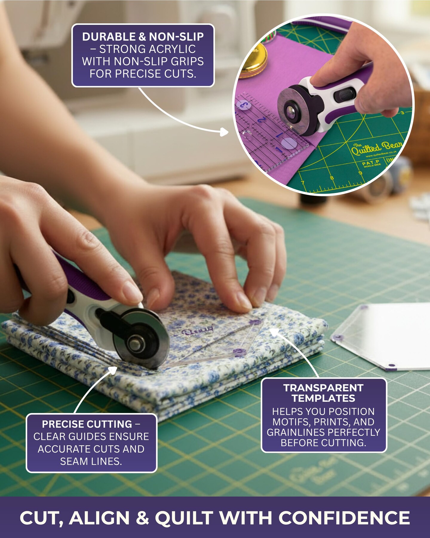 The Quilted Bear Square Quilting Templates – 8 Clear Non-Slip Acrylic Quilt Templates for Precise Fabric Cutting & Stress-Free Machine Quilting - Ideal for Quilt & Sewing Supplies (¾–3")