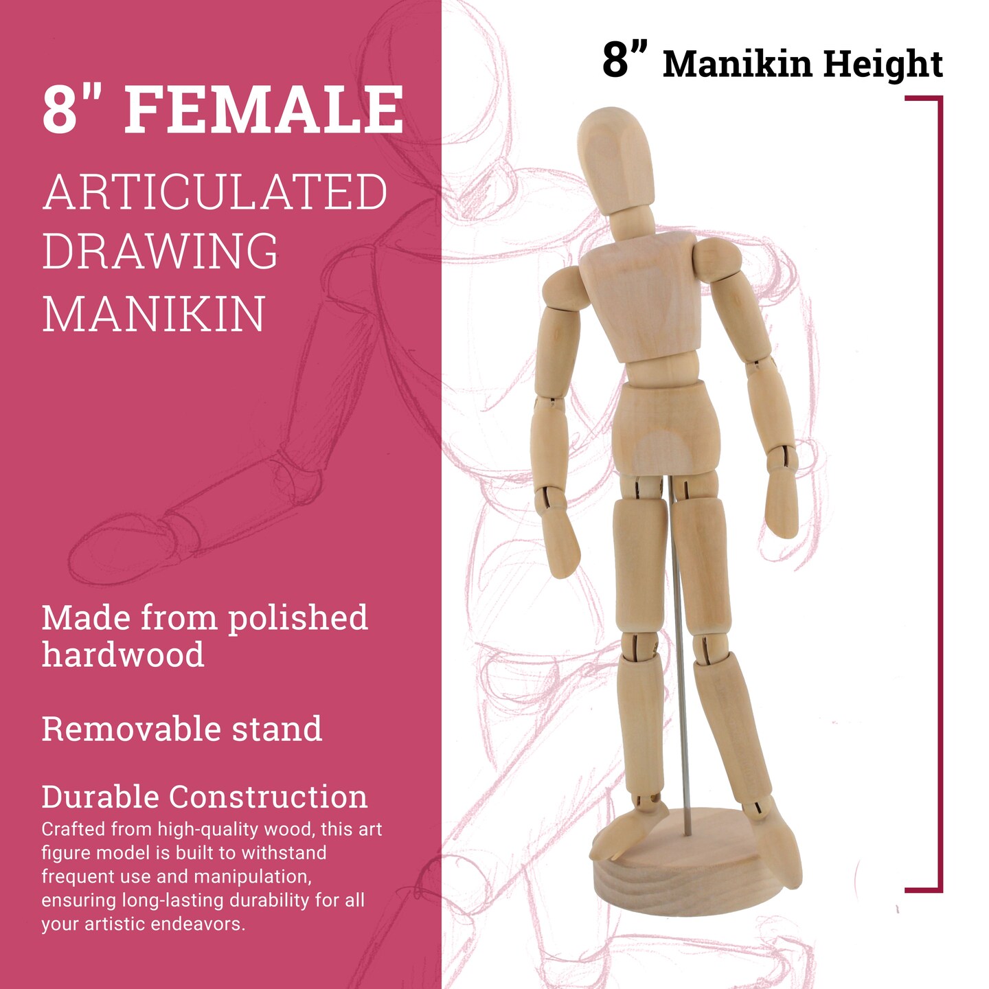 Wood 8&#x22; Artist Drawing Manikin Articulated Mannequin with Base and Flexible Body - Perfect For Drawing the Human Figure (8&#x22; Female)