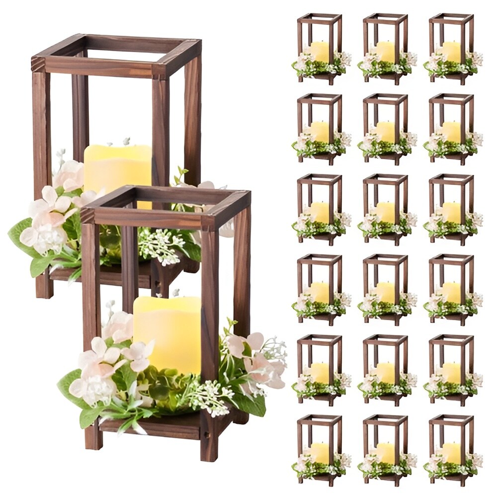 Wooden Wedding Lantern Centerpiece with LED Candle, Flower Wreath for Table Decor