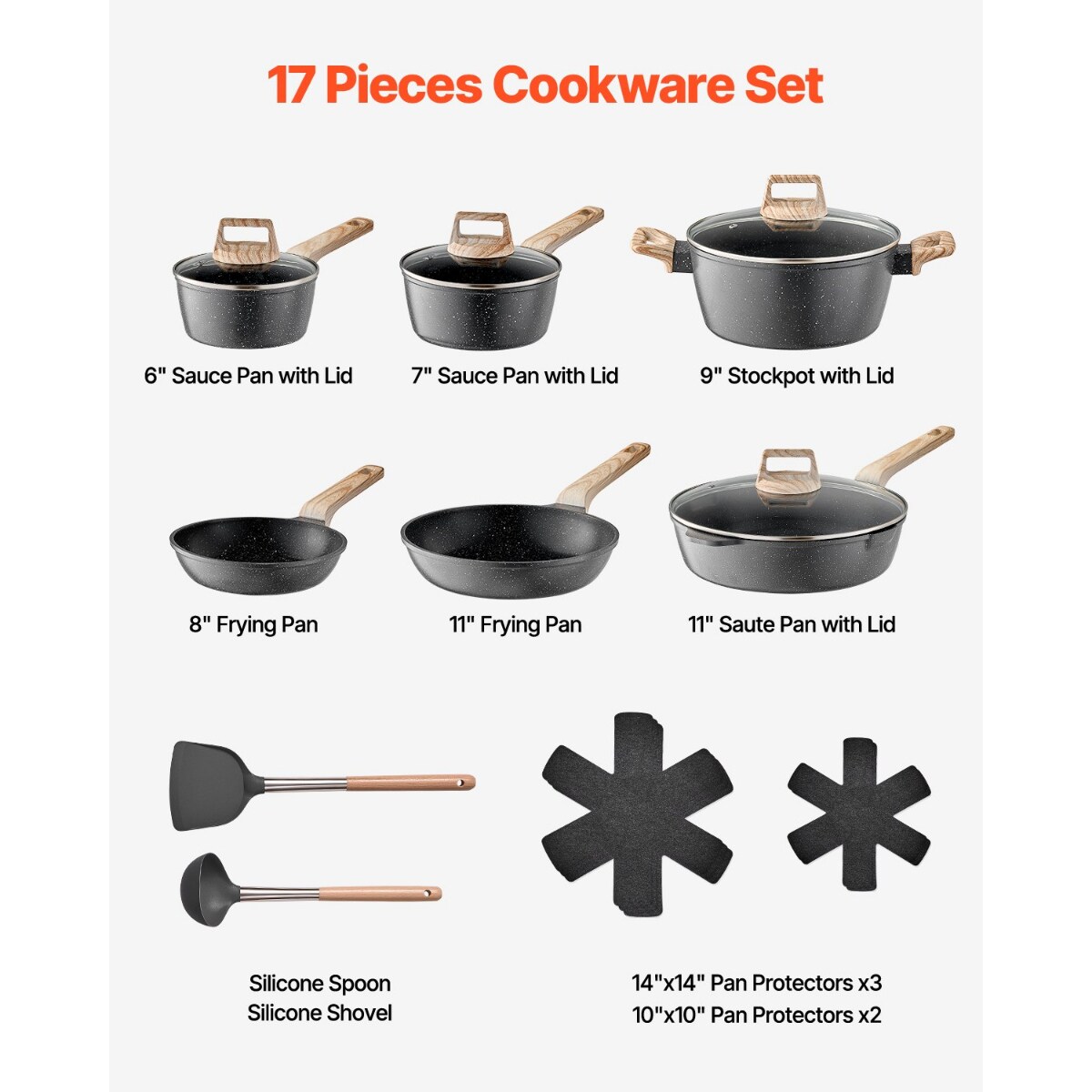 Nonstick Cookware Set, Granite Induction Kitchen Pots and Pans with Lids