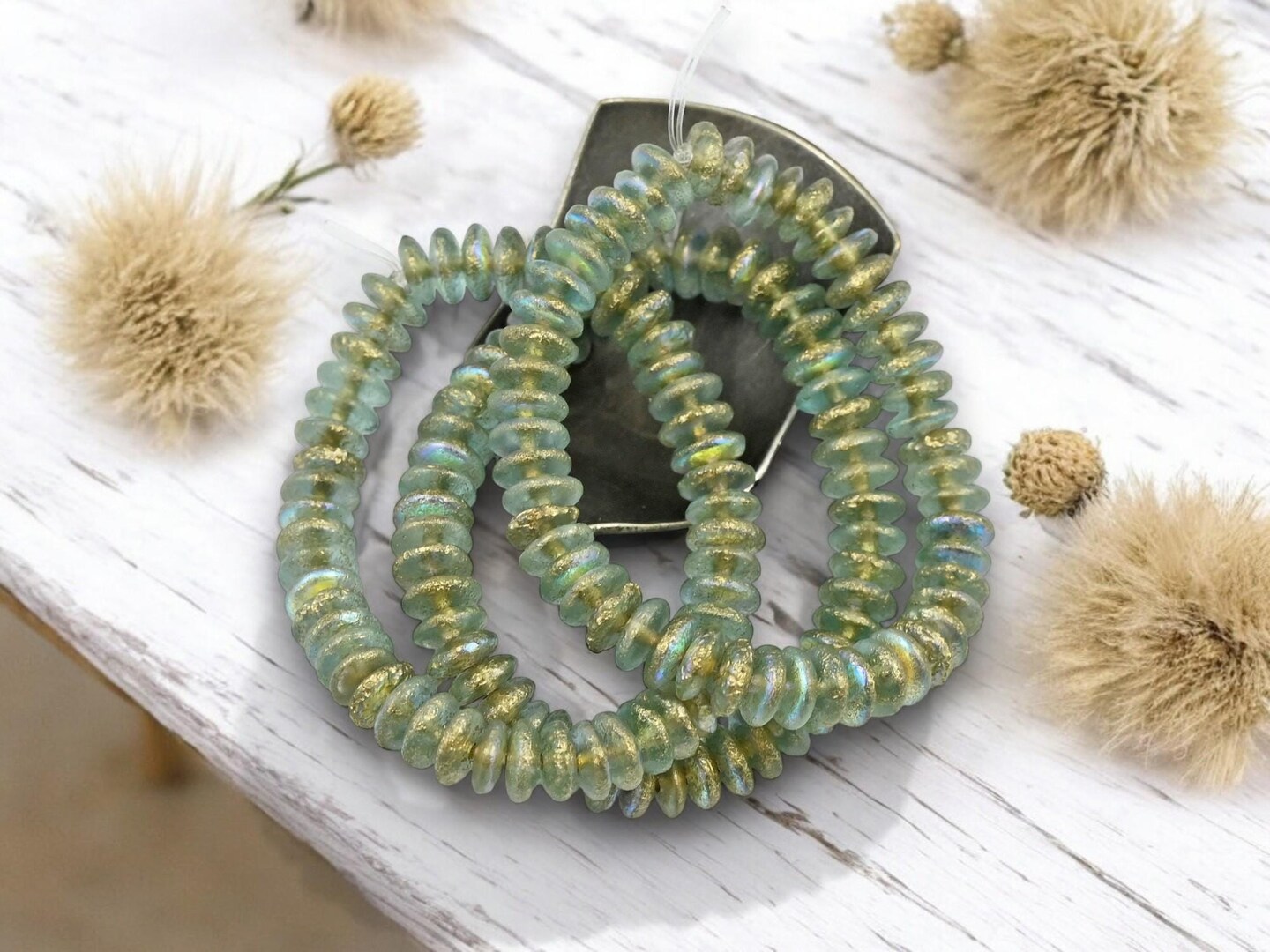 *50* 6x2mm Etched Gold Washed Pale Aqua AB Smooth Rondelle Beads