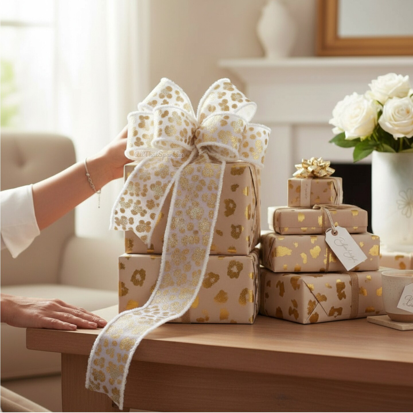 RG Ribbon: 2.5" Leopard Print Wired Glitter Ribbon with Metallic Spots and Drift Edges, 10 Yards - White, Gold - For Bows, Wreaths, Crafts, and Decorations
