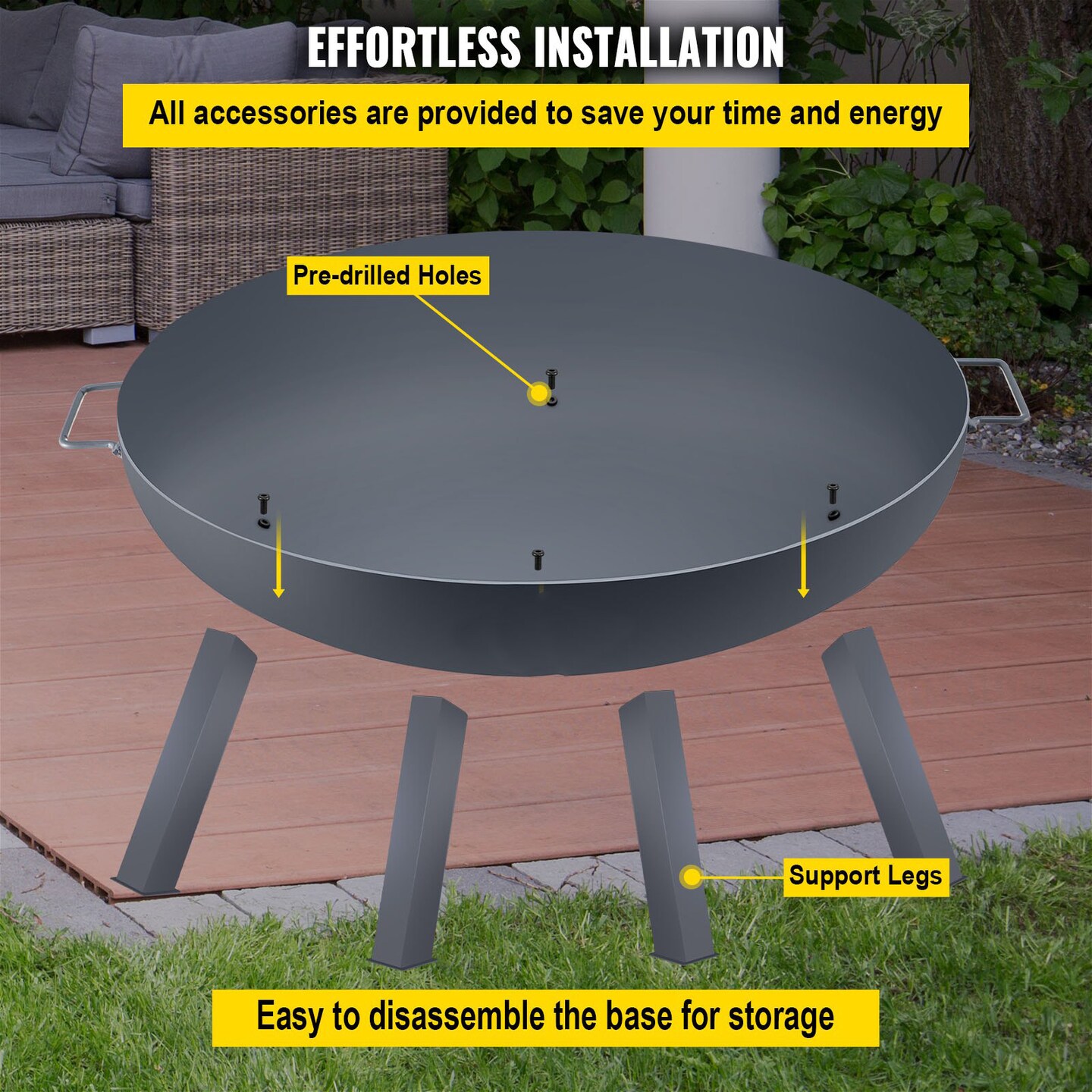 Large Black Carbon Steel Fire Pit Bowl with 4 Legs Portable Outdoor Fireplace for Patio Backyard Camping