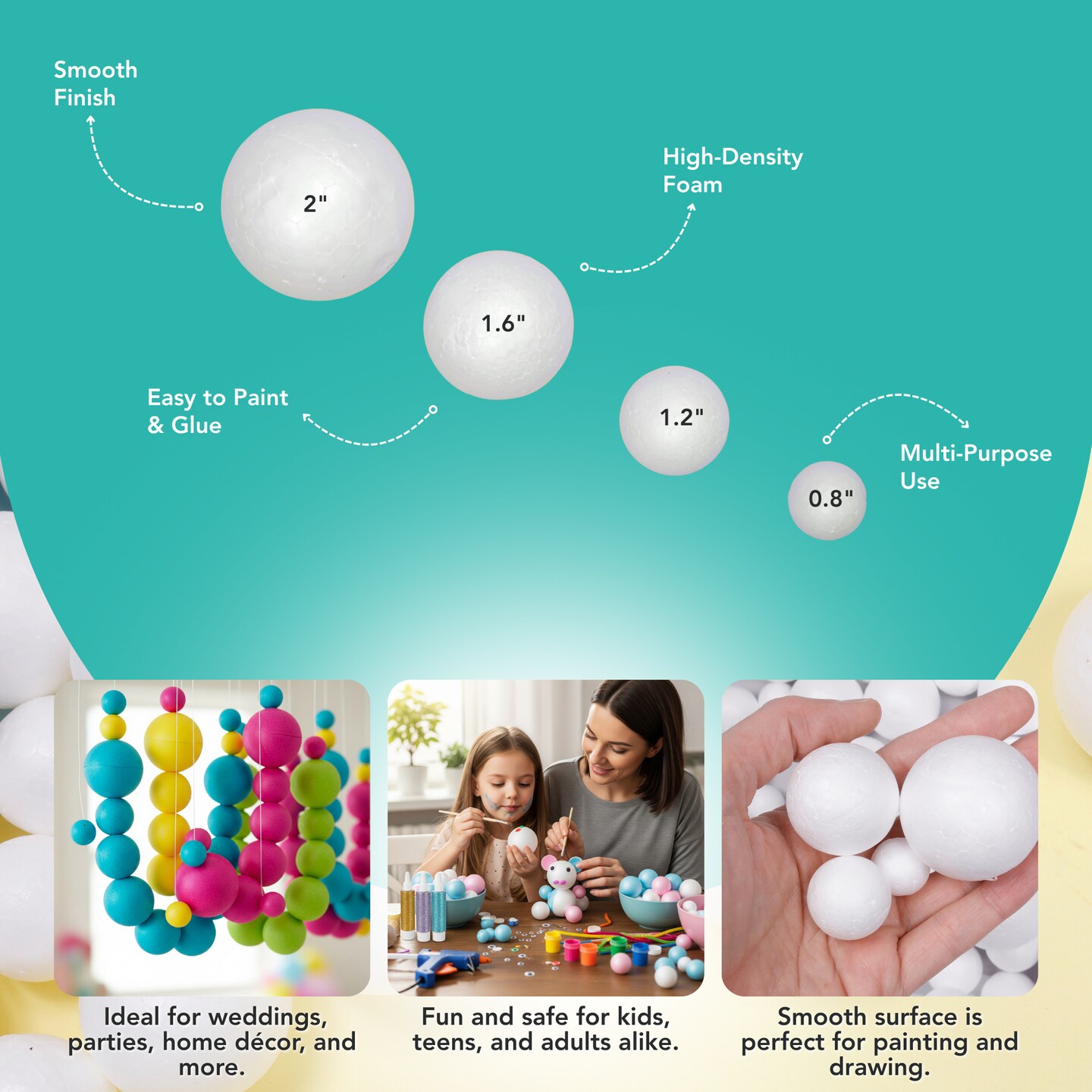 Incraftables Foam Balls 240pcs (0.8, 1.2, 1.6 & 2 inch). Assorted Foam Balls for Crafts. White Foam Balls for Solar System Project, DIY Arts & Slime. Best Round Large & Small Foam Balls