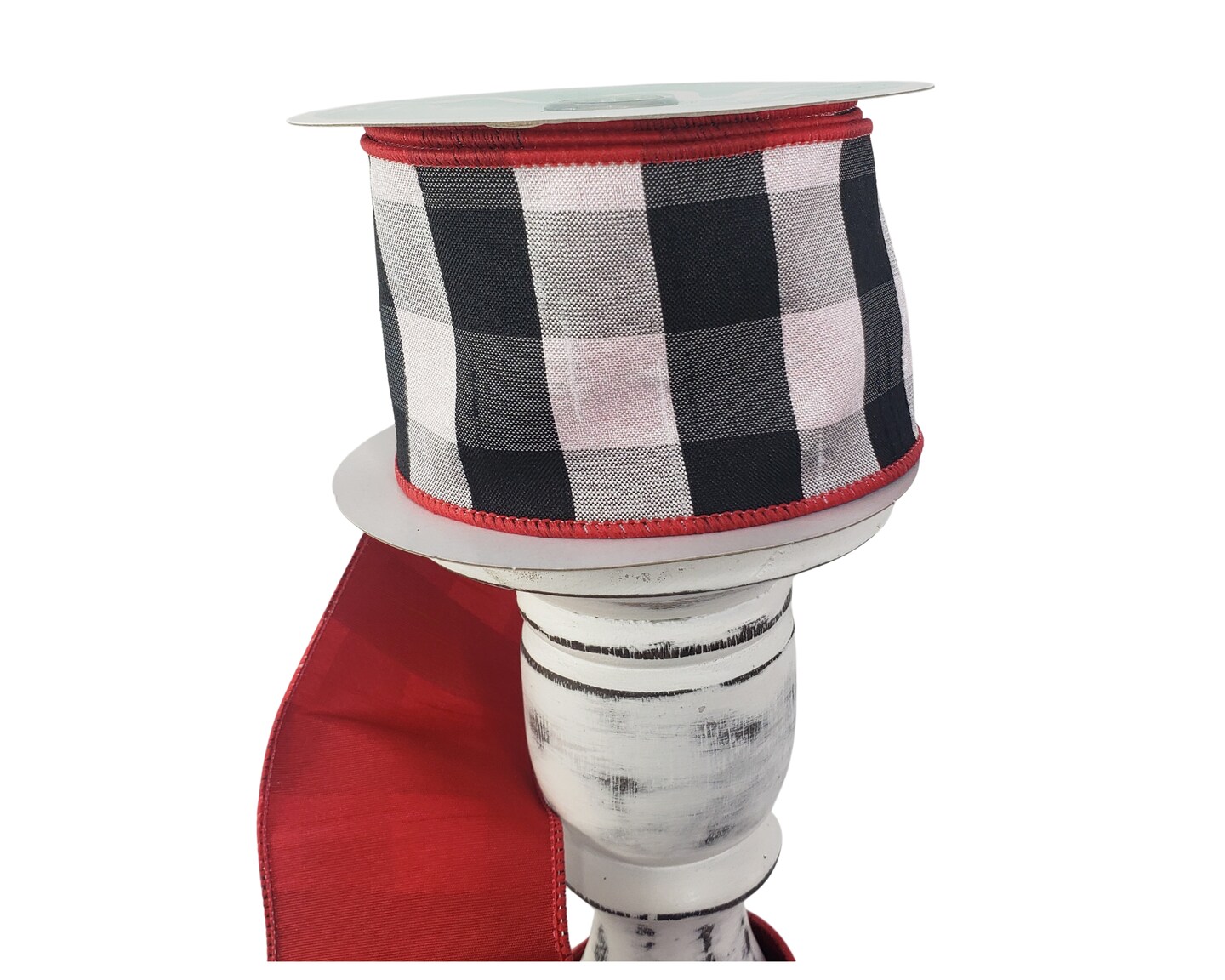 2.5"x10YD Check/Dupioni Back Double Sided Wired Ribbon - White/Black/Red - Versatile Elegance for Crafts and Decor-(RGX002424)